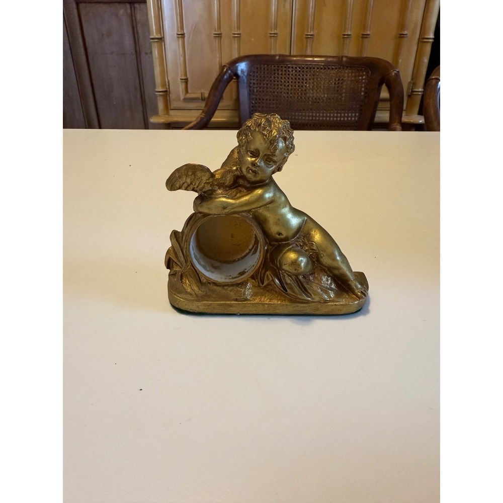 Vintage Gold Cherub Figurine Clock Case Holder Angel Putti Sculpture Decor 4in